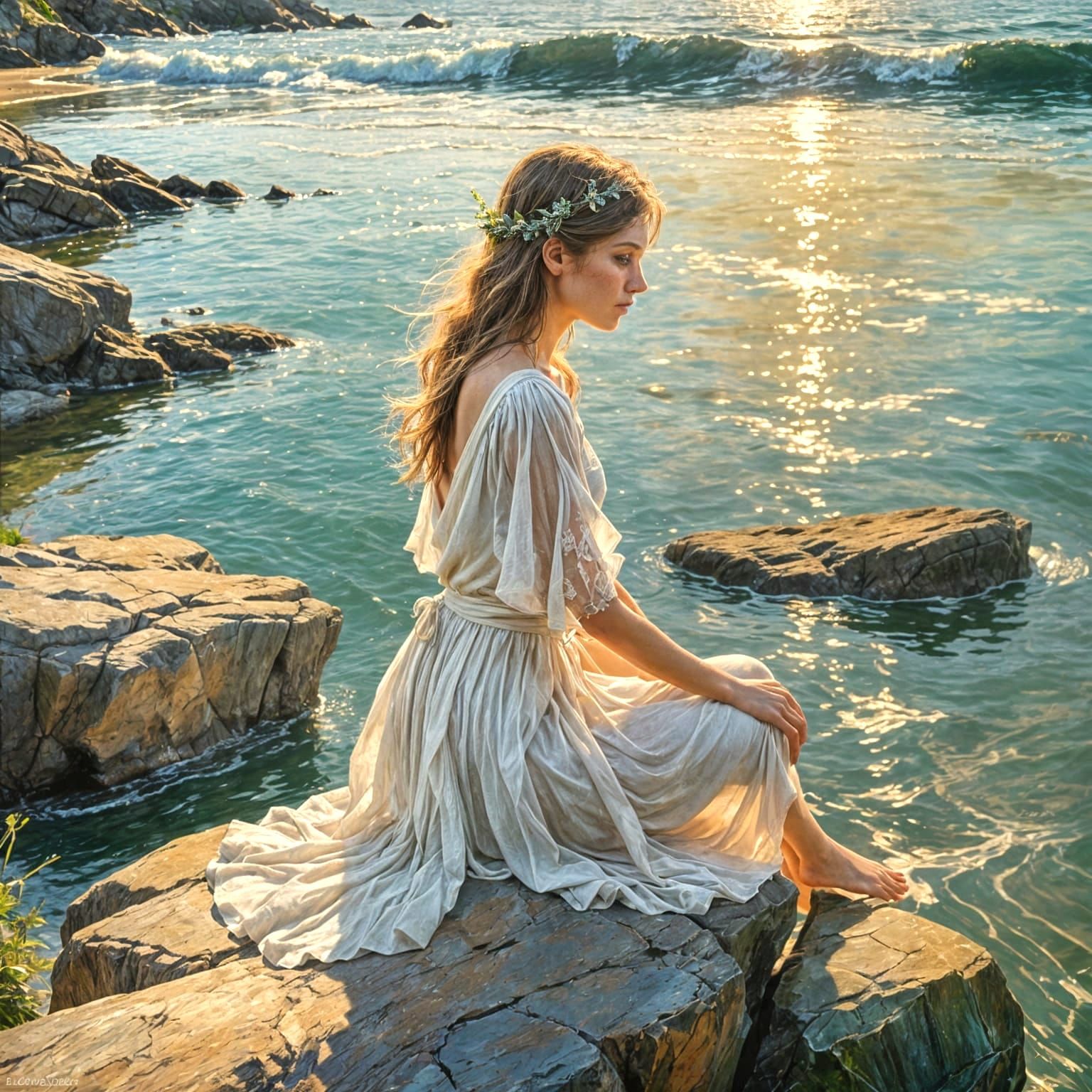 Mythical Fairy Girl Contemplates the Ocean as Oil Painting