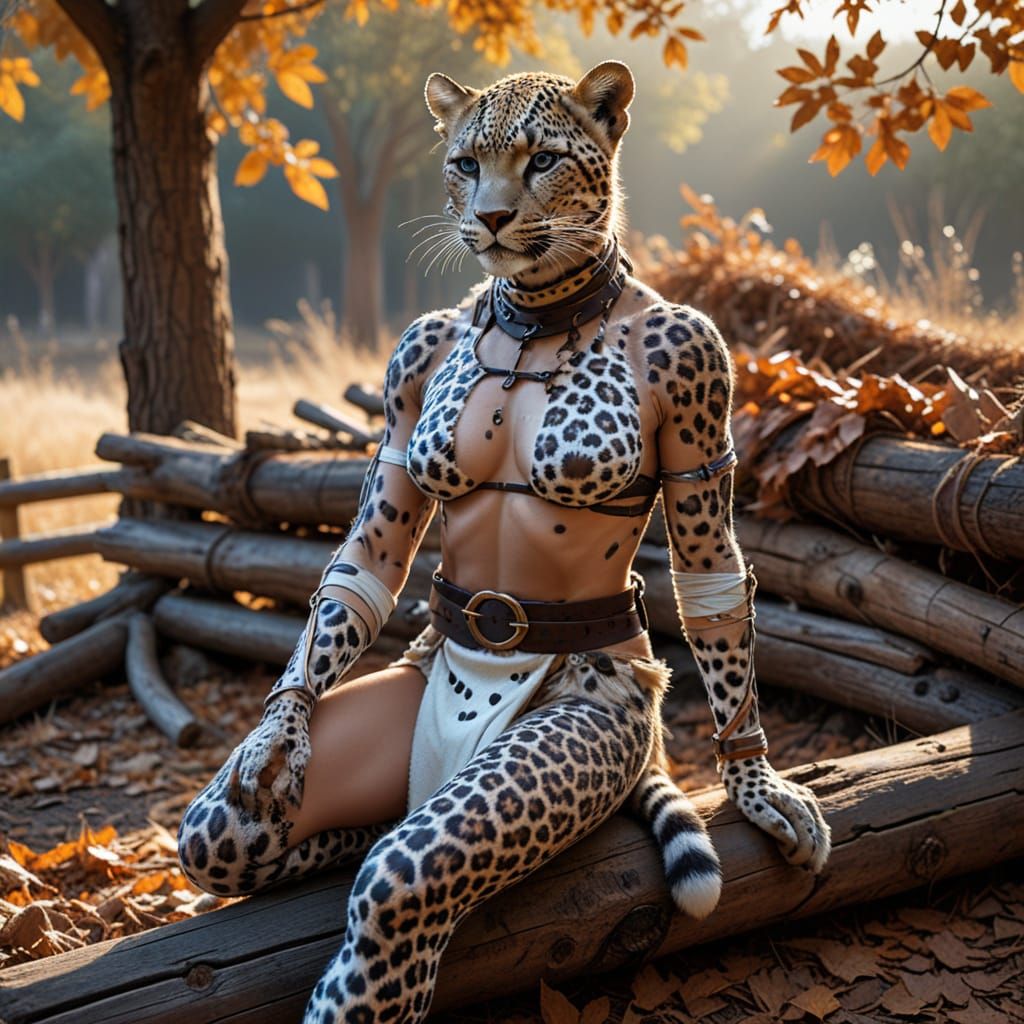 Realistic Digital Art of Leopard Woman Lounging in Nature