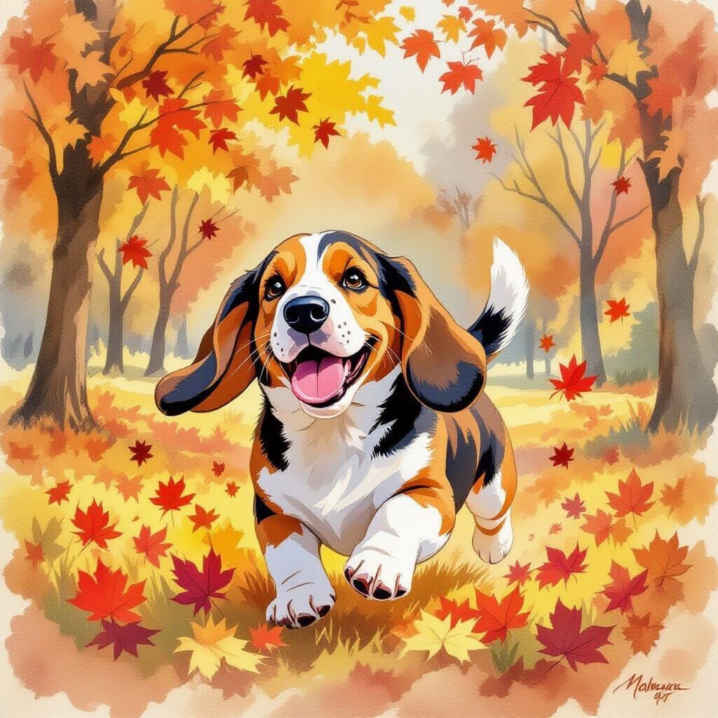 Basset Hound Running in Autumn Park Watercolor Painting