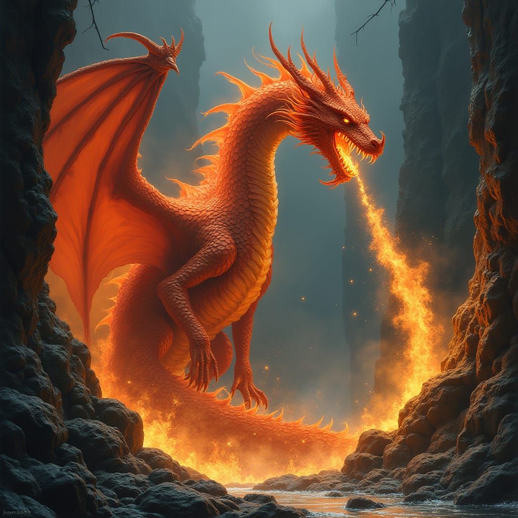 Majestic Fire Dragon in Epic Fantasy Style