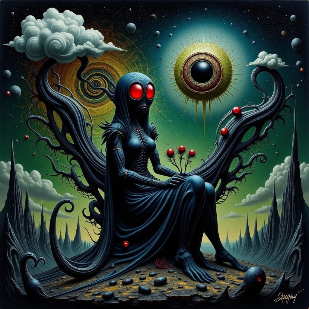 Surreal Gothic Queen Embracing Darkness in Heavy Metal Style