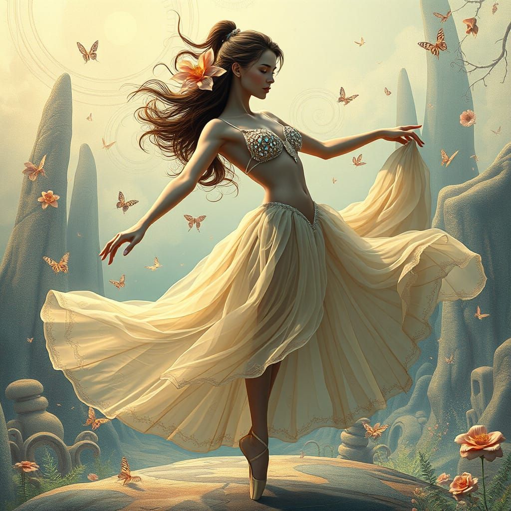 Ballerina in Whimsical Fantasy Landscape