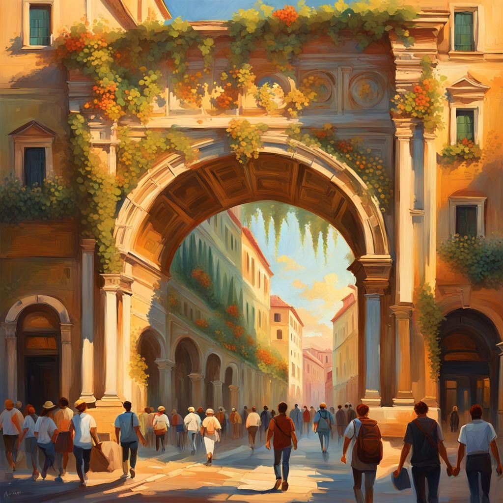 Baroque Street Scene with Roman Archway