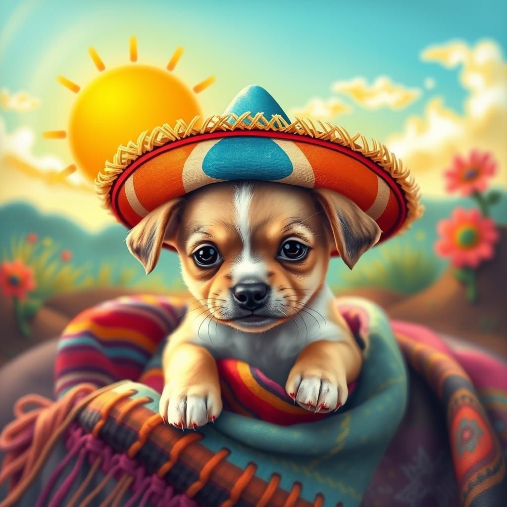 Puppy in Sombrero: Whimsical Illustration with Dreamy Undert...