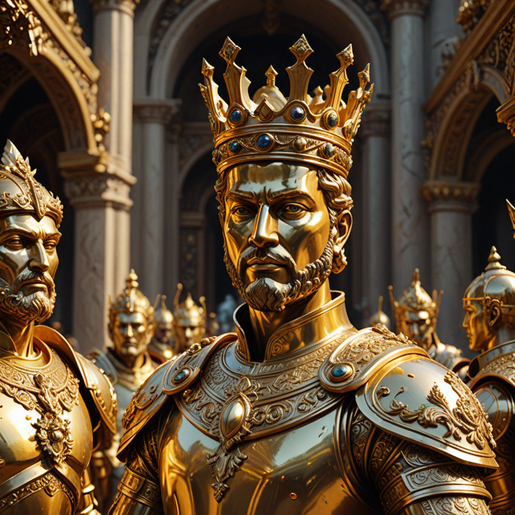 Golden King Amidst Pawns: Hyperrealistic Sculpture Masterpie...
