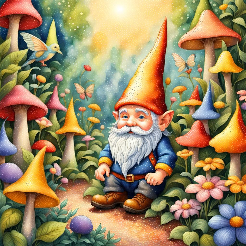 Gnome in Fairy Garden: Pointillism Art
