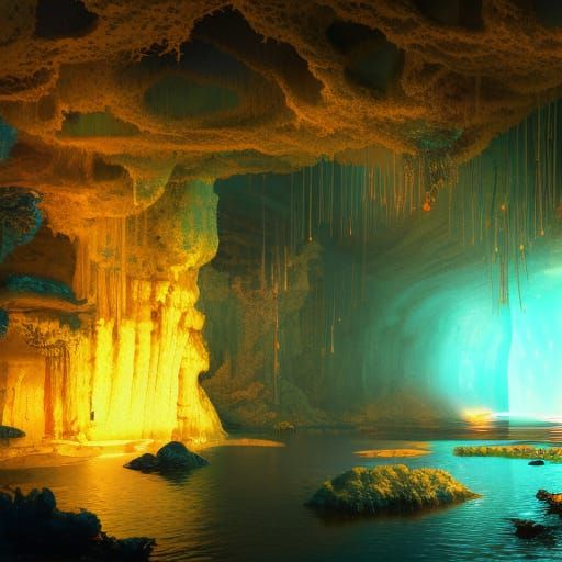Bioluminescent Underground Lake: Fantasy Concept Art