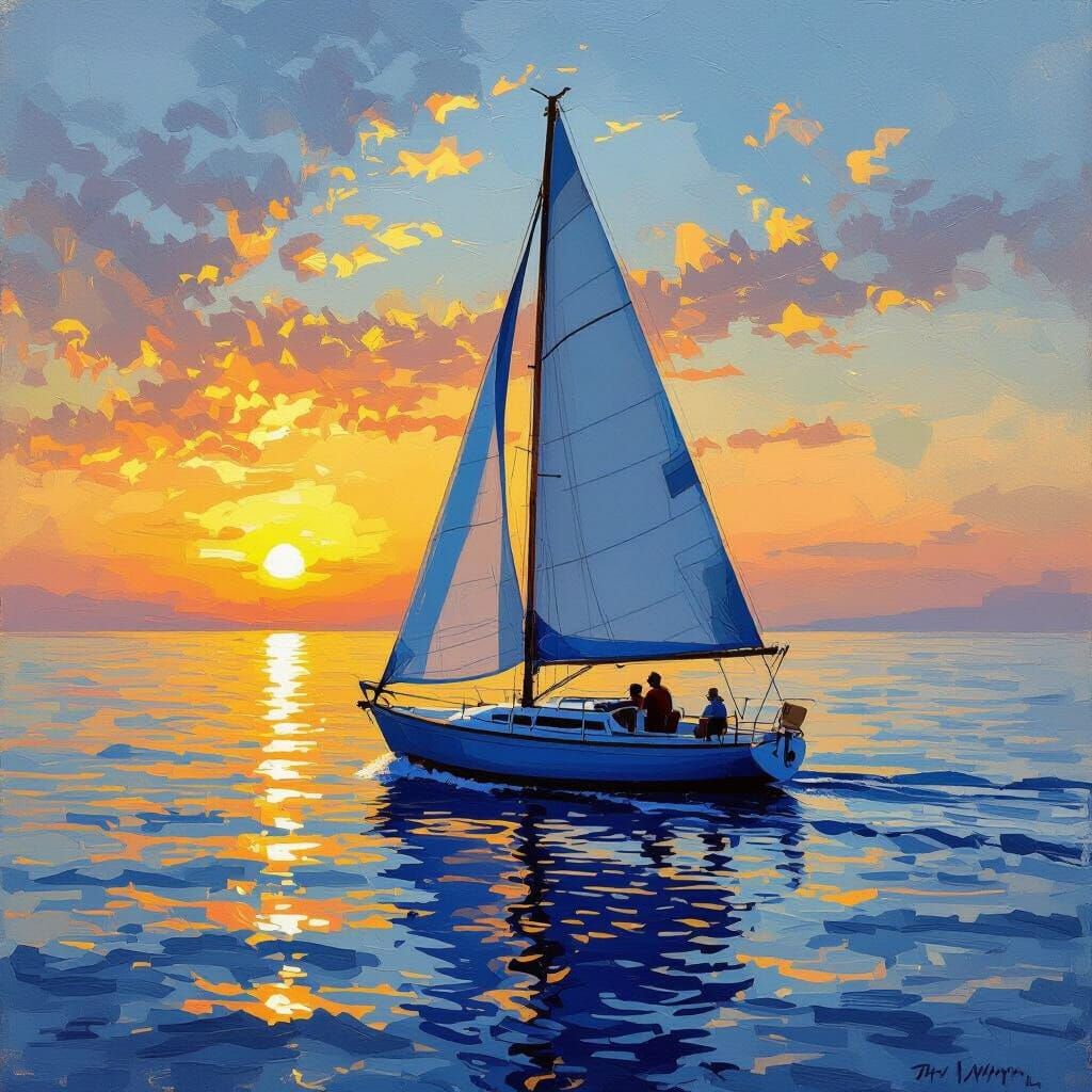 Sailboat on Serene Sea at Sunset: Impressionist Painting