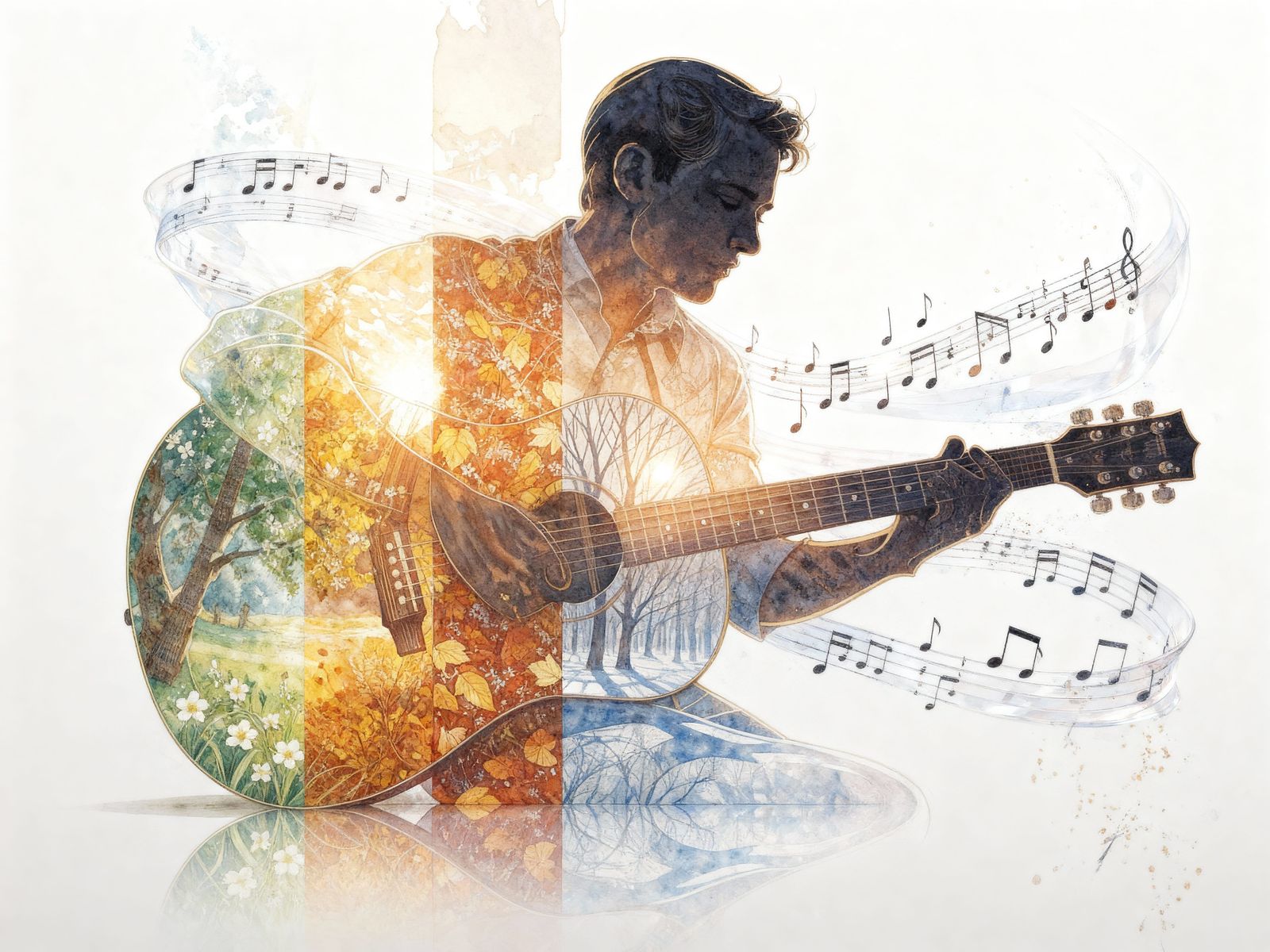 Acoustic Guitar Silhouette in Four Seasons, Golden Hour