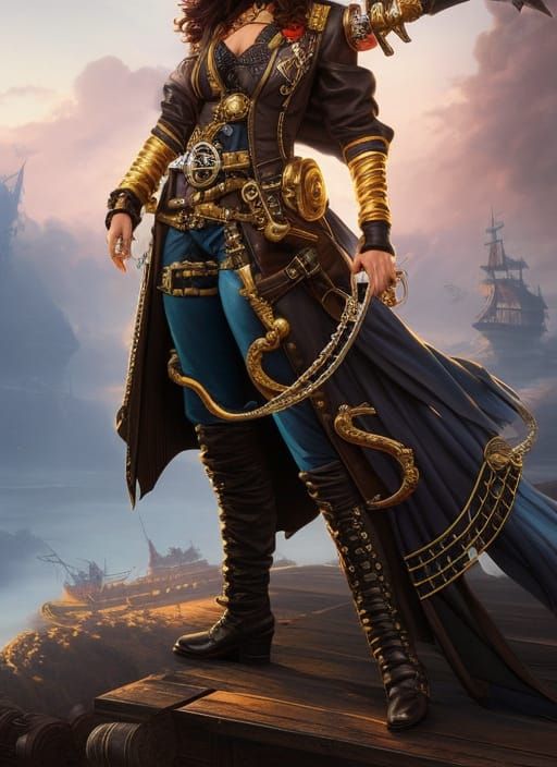 Detailed Steampunk Airship Pirate Woman in Fantasy Art