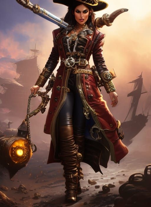Hyperdetailed Steampunk Pirate Woman in Digital Painting