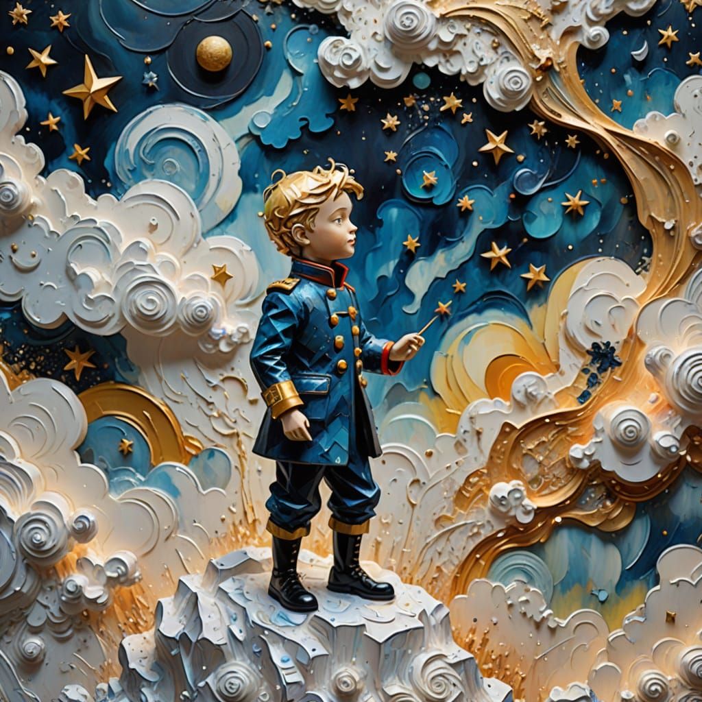 Little Prince Amidst Swirling Celestial Clouds in Vibrant Im...