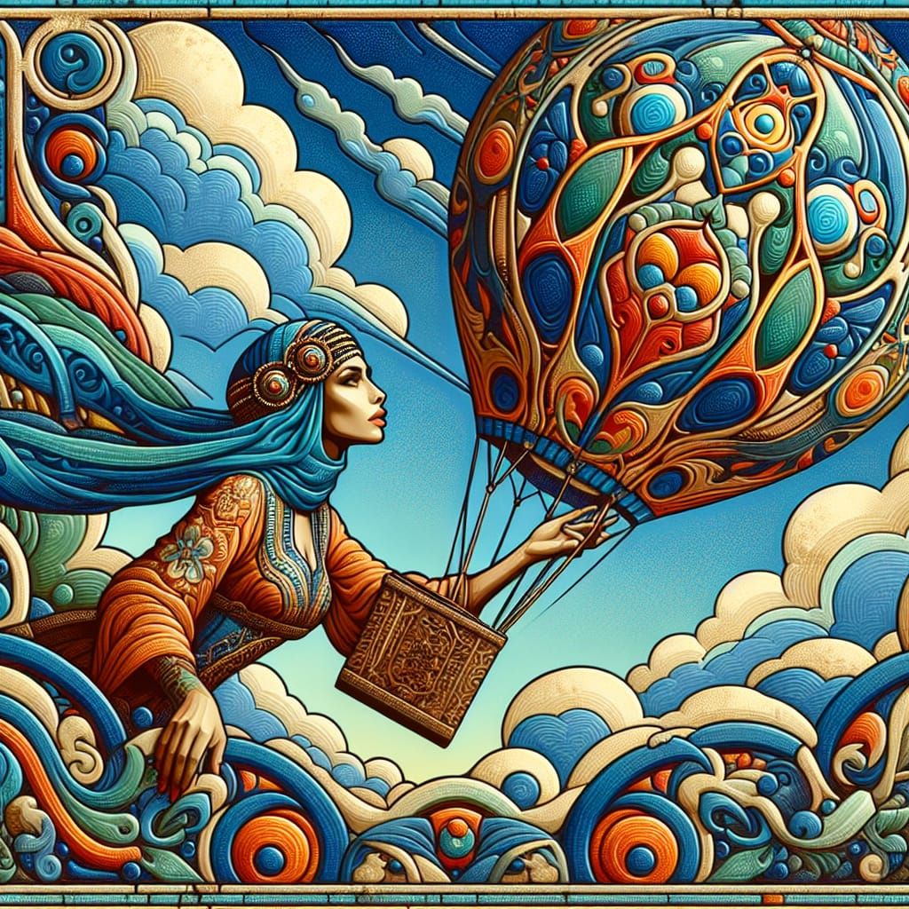Woman in Hot Air Balloon, Art Nouveau Style