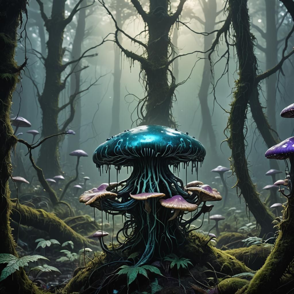 Alien Mushroom Xenomorph Emerges from Misty Forest