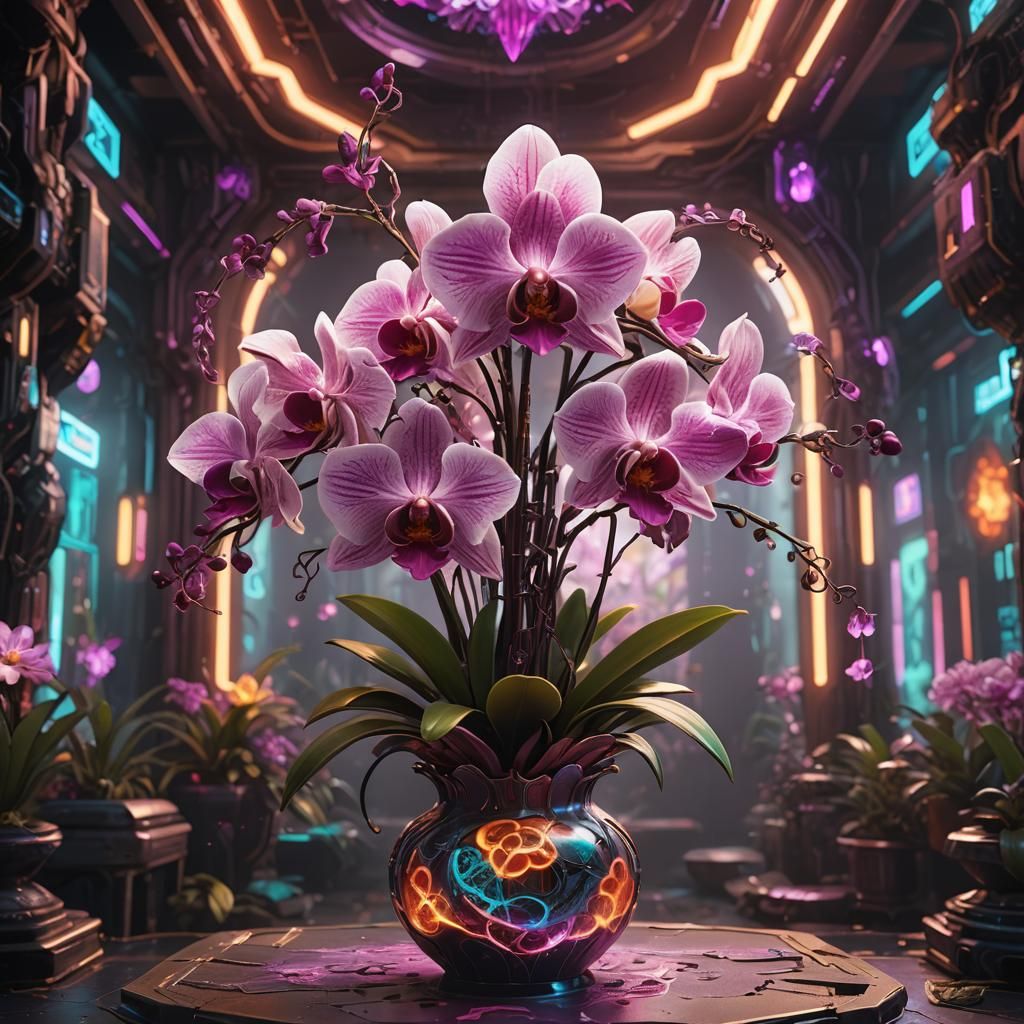 Alien Orchid in Cyberpunk Vase: Digital Matte Painting