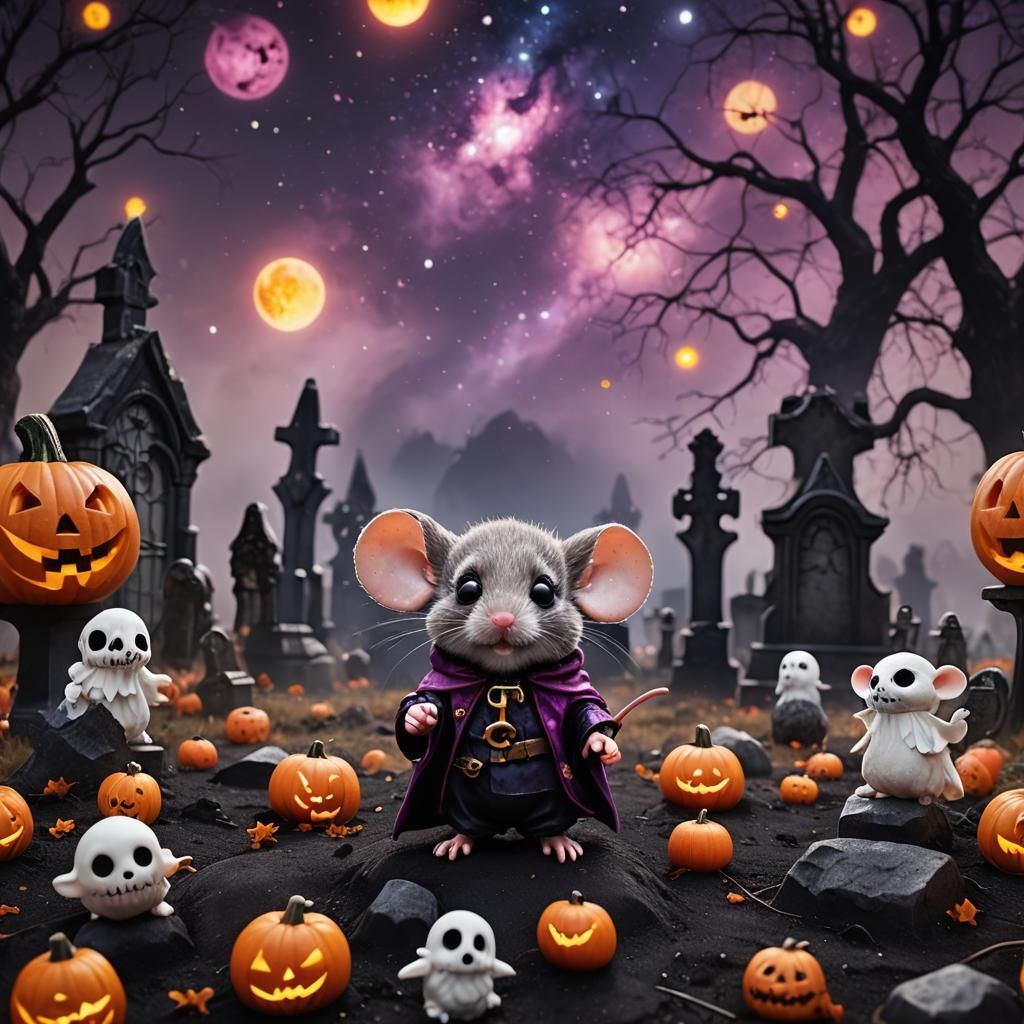 Chibi Mouse in Graveyard Halloween Night Sky