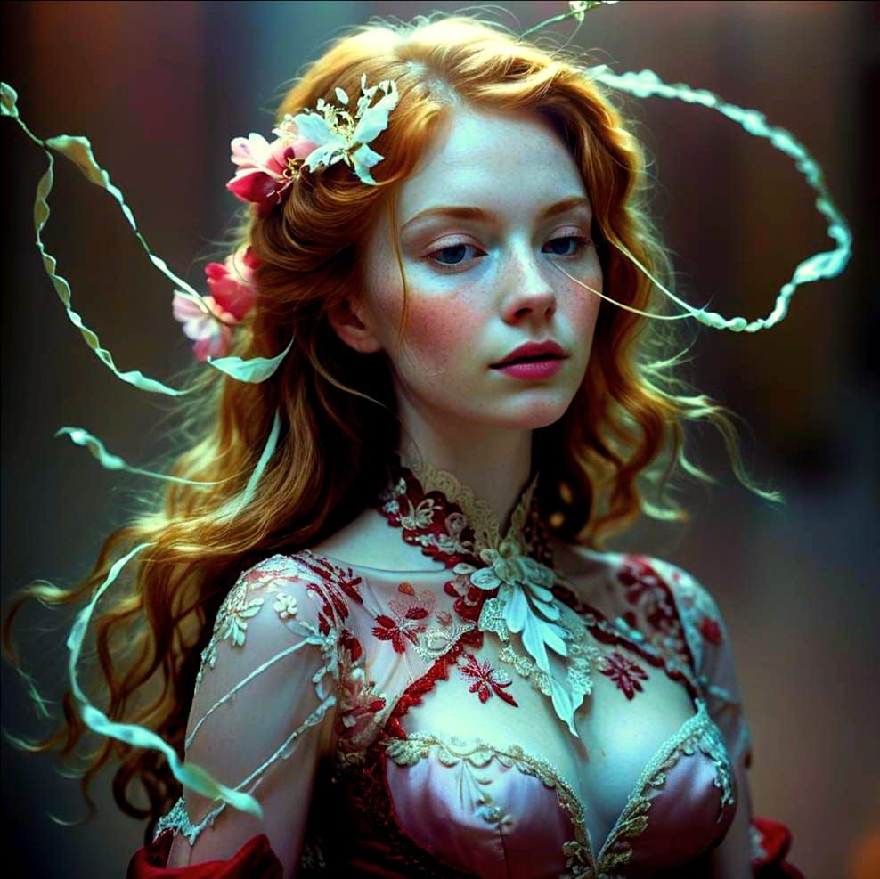 Ginger Woman in Crimson Dress Portrait