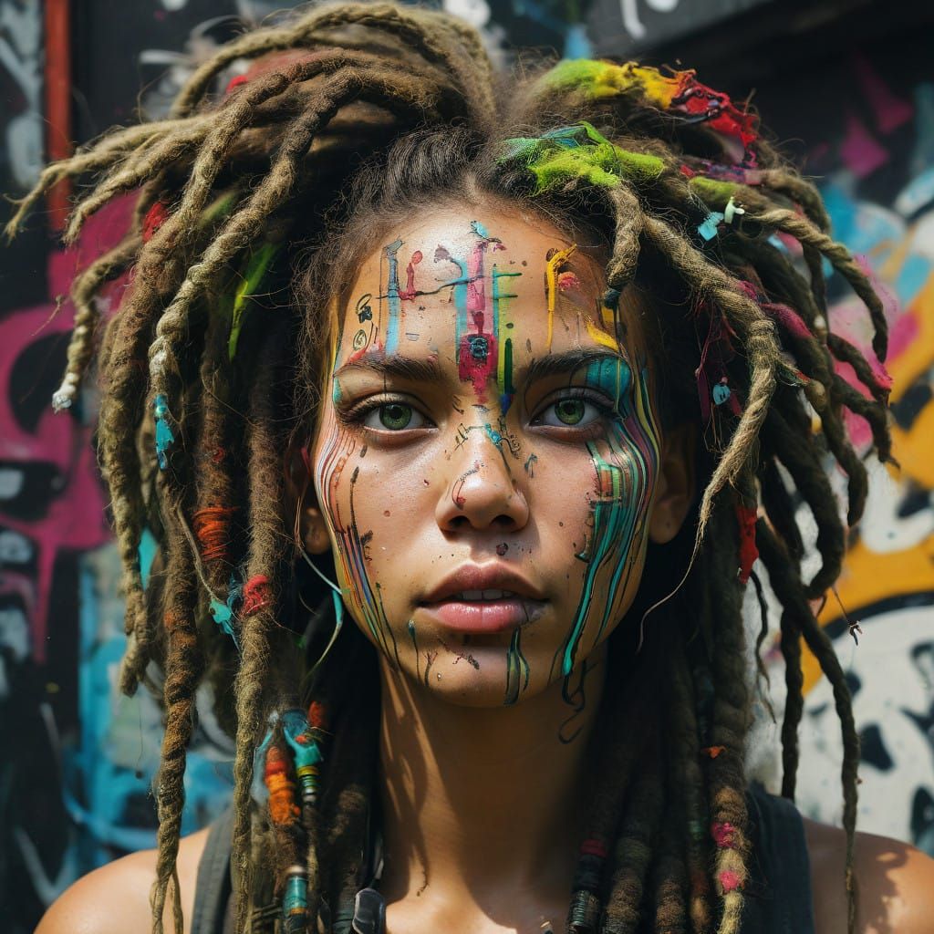 Vibrant Green Eyed Woman with Decorated Dreadlocks