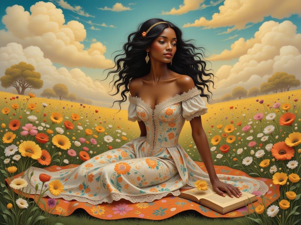 Victorian Woman's Flower Meadow Picnic: Folk Art Nouveau