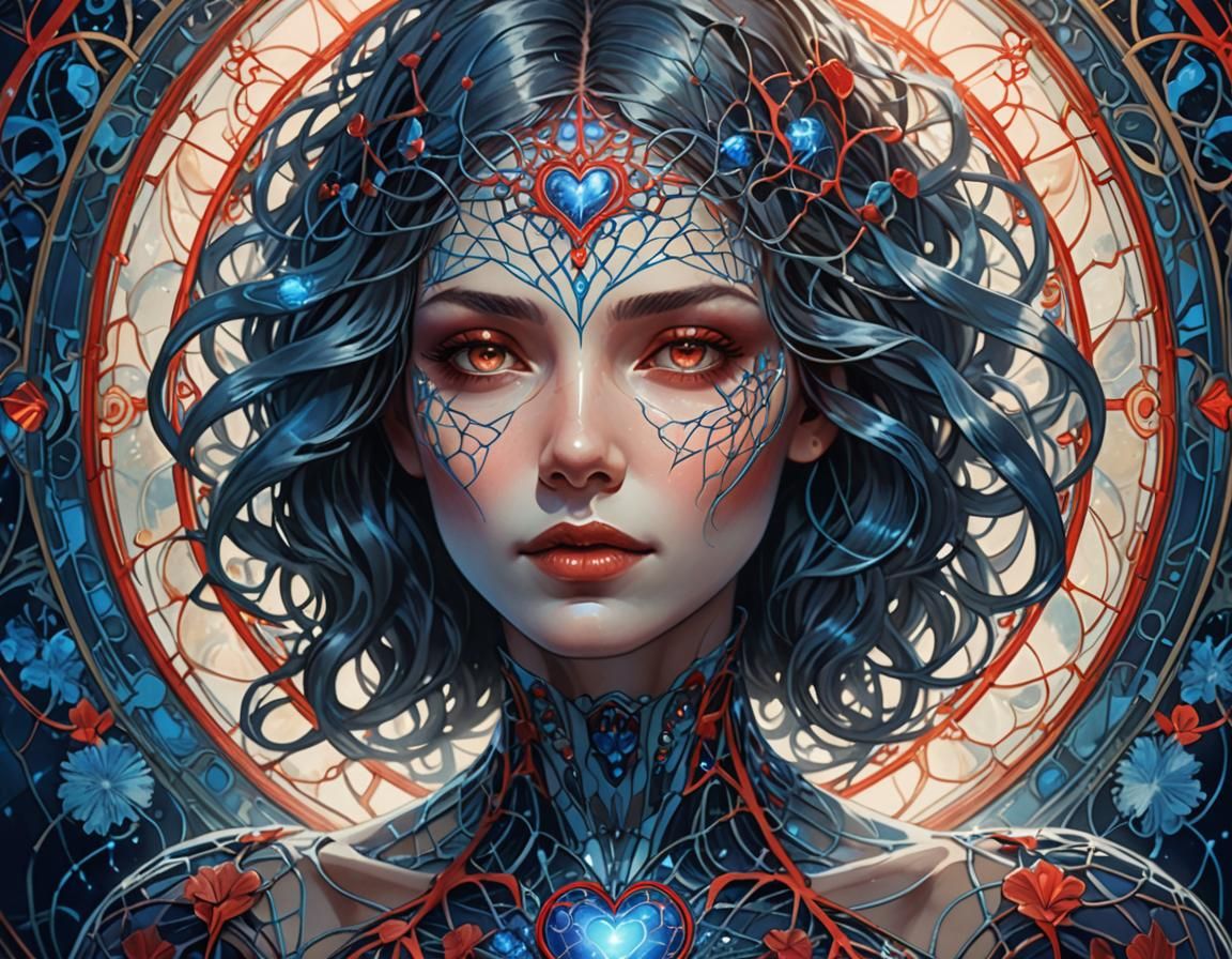 Glass Skin Woman with Glowing Heart, Art Nouveau Style