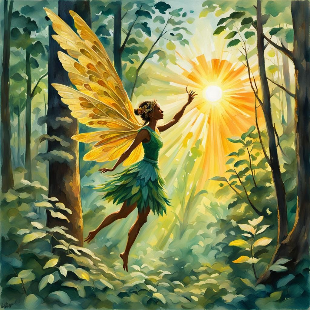 Golden Fairy in Forest Sunset: Gouache Style Impressionist P...