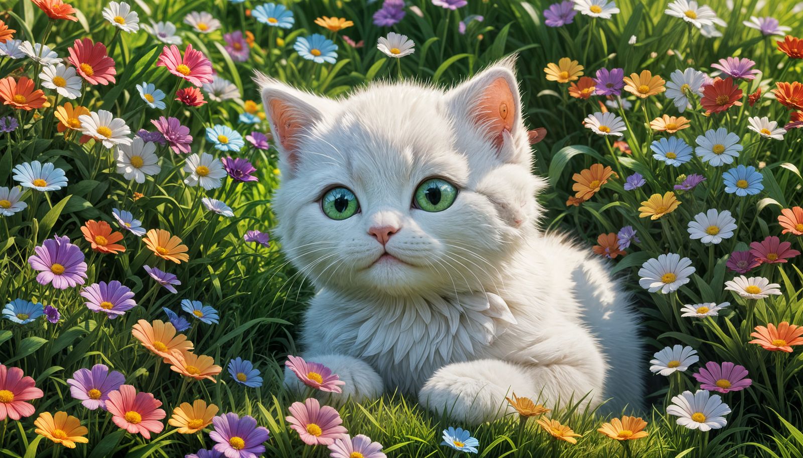 White Kitten on Lawn with Flowers: 3D Digital Art