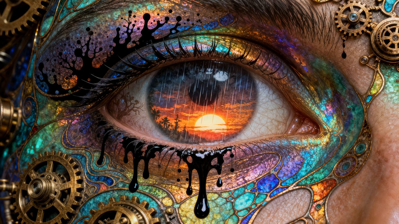 Steampunk Eye Sees Raining Sunrise in Fractal Colors