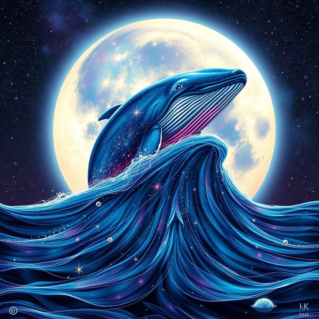 Surreal Cosmic Whale Illuminates Vibrant Astral Moon