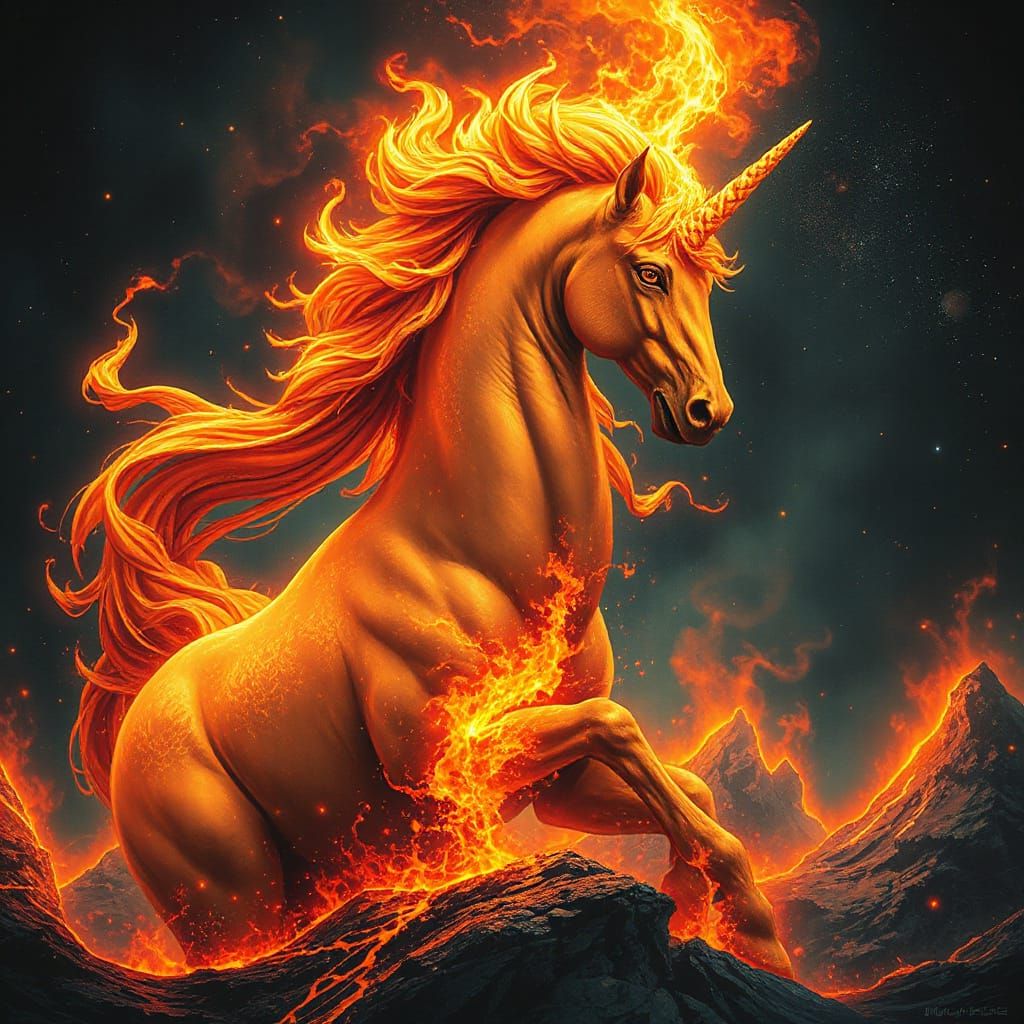 Majestic Fiery Unicorn Rises from Cosmic Vortex