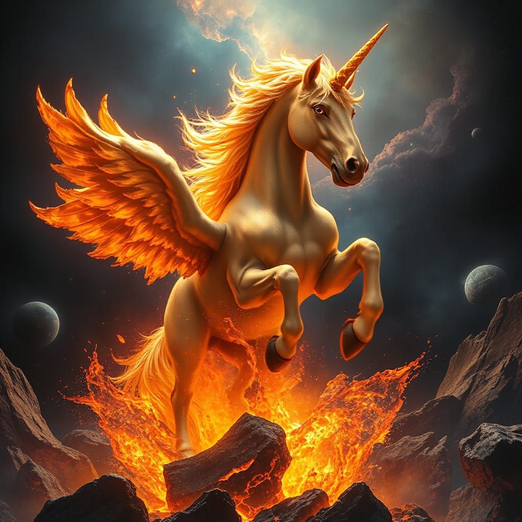 Majestic Fiery Unicorn Emerges From Cosmic Vortex
