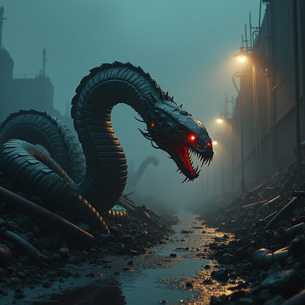 Terrifying Snake-Robot Hybrid in Industrial Wasteland