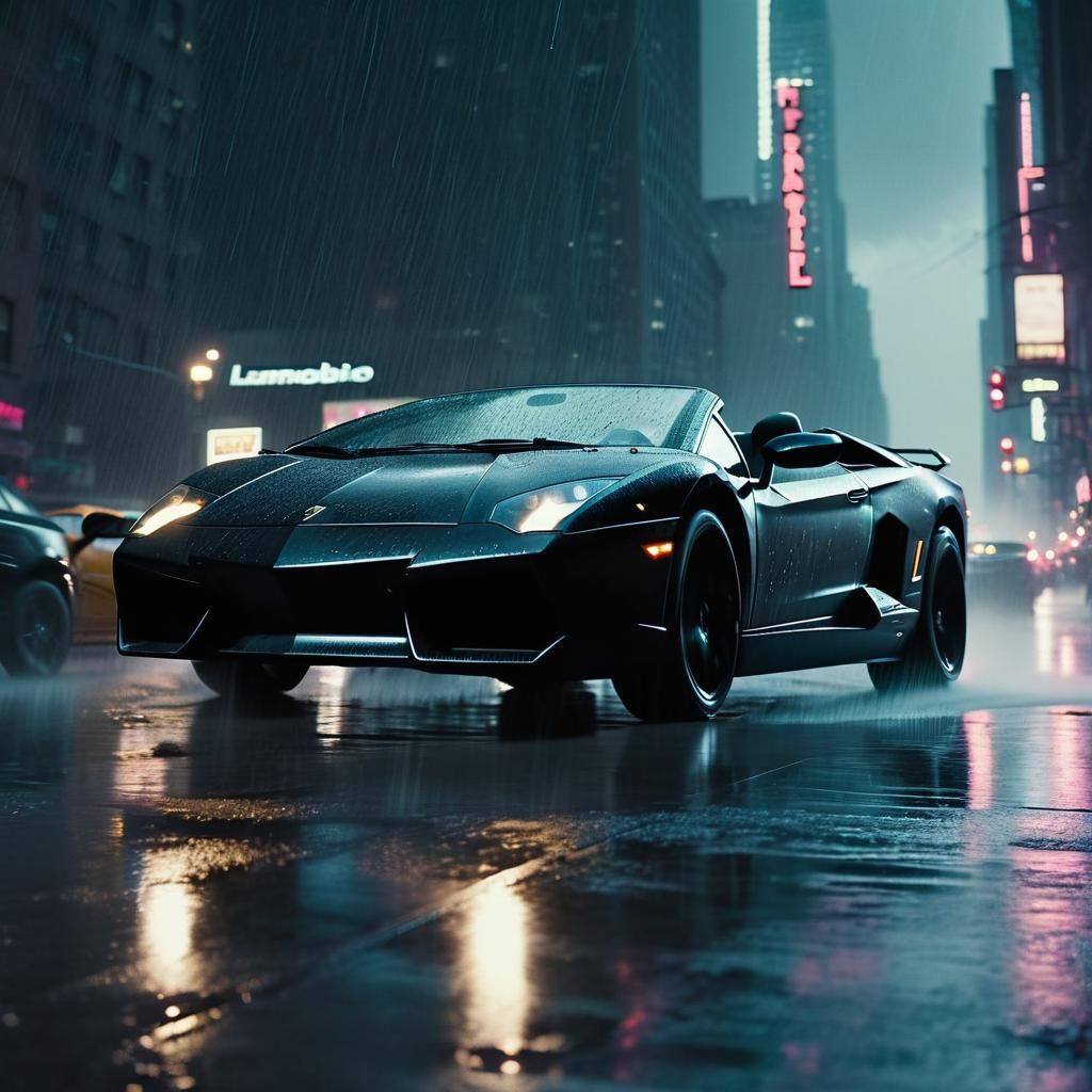 Black Lamborghini Drifting Through Rainy Cityscape