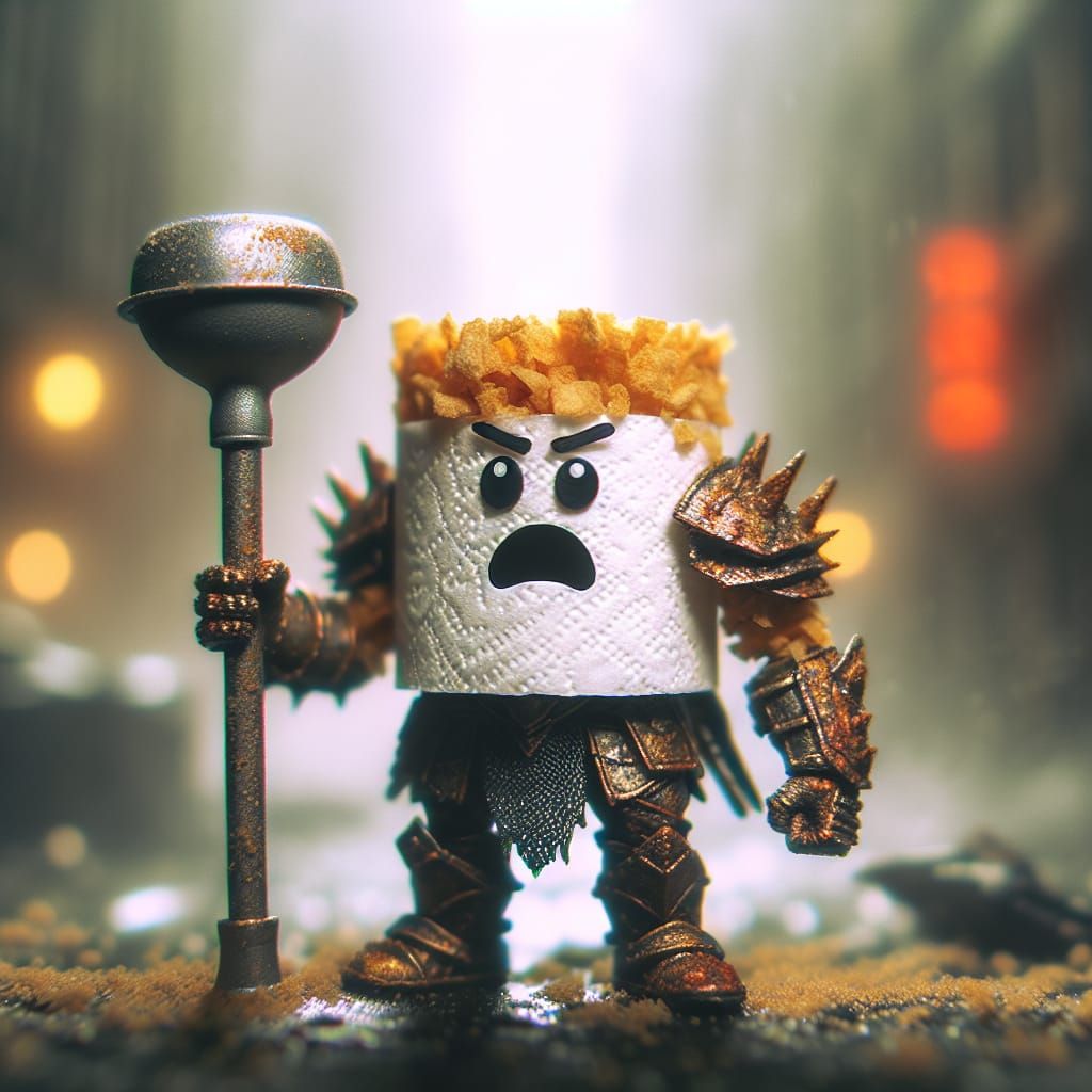 Toilet Paper Roll Warrior in Dystopian City