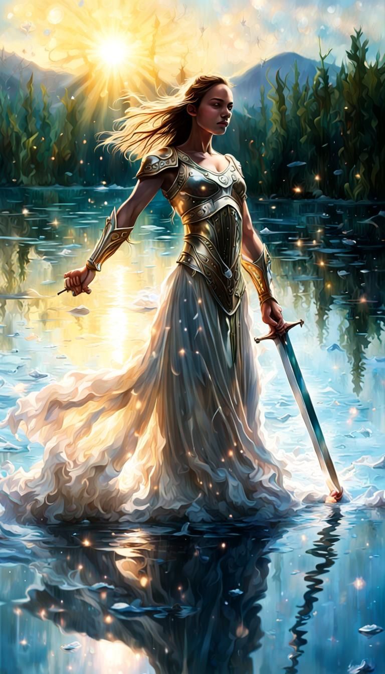 Triumphant Water Warrior Raises Sword to Sky