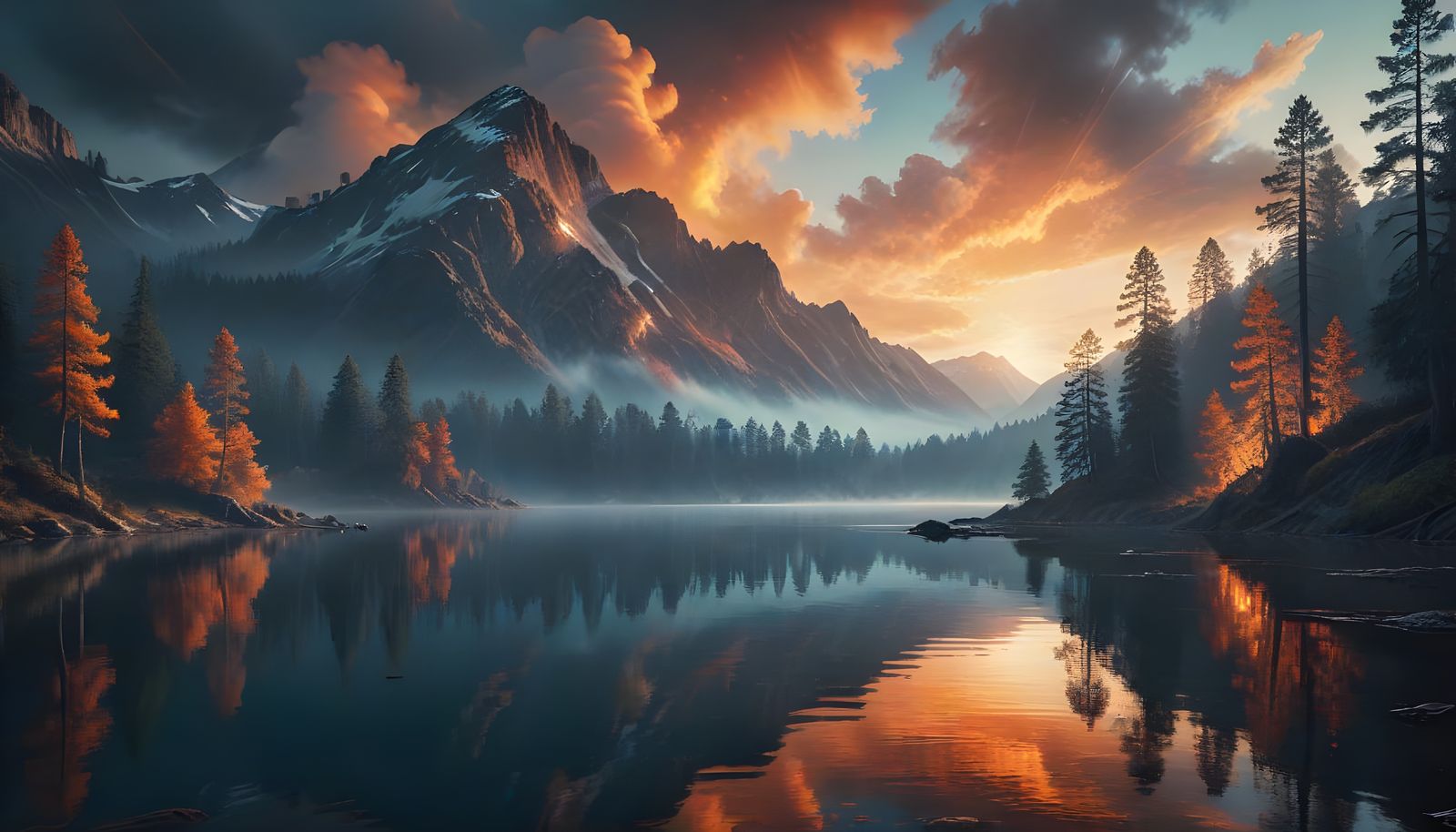 Surreal Digital Masterpiece: Tranquil Lake Scene with Pine T...