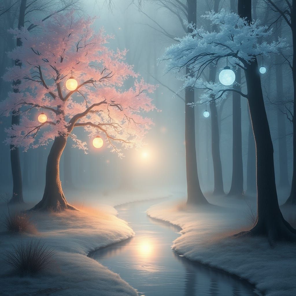 Dreamlike Forest Scene with Soft Light and Glowing Orbs
