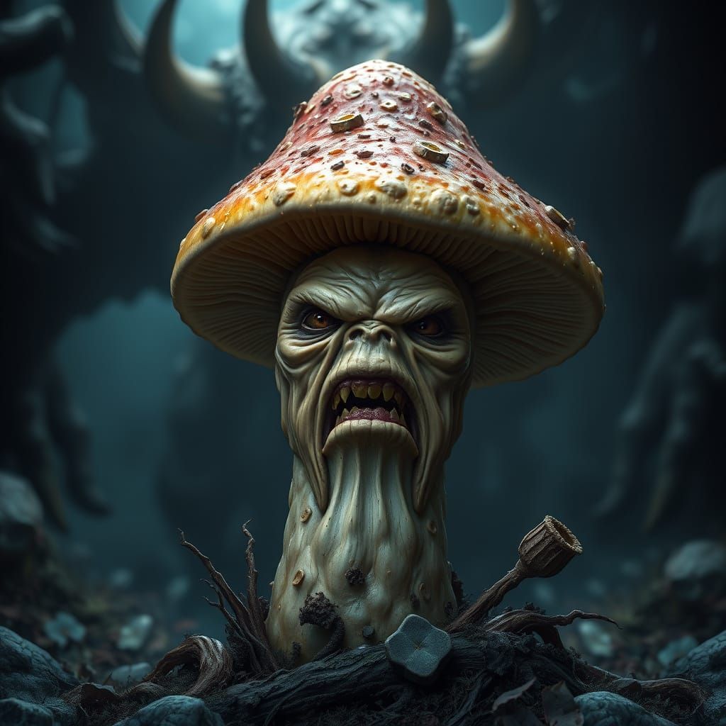 Surreal Fantasy Shiitake Mushroom Confronts Dark Backdrop