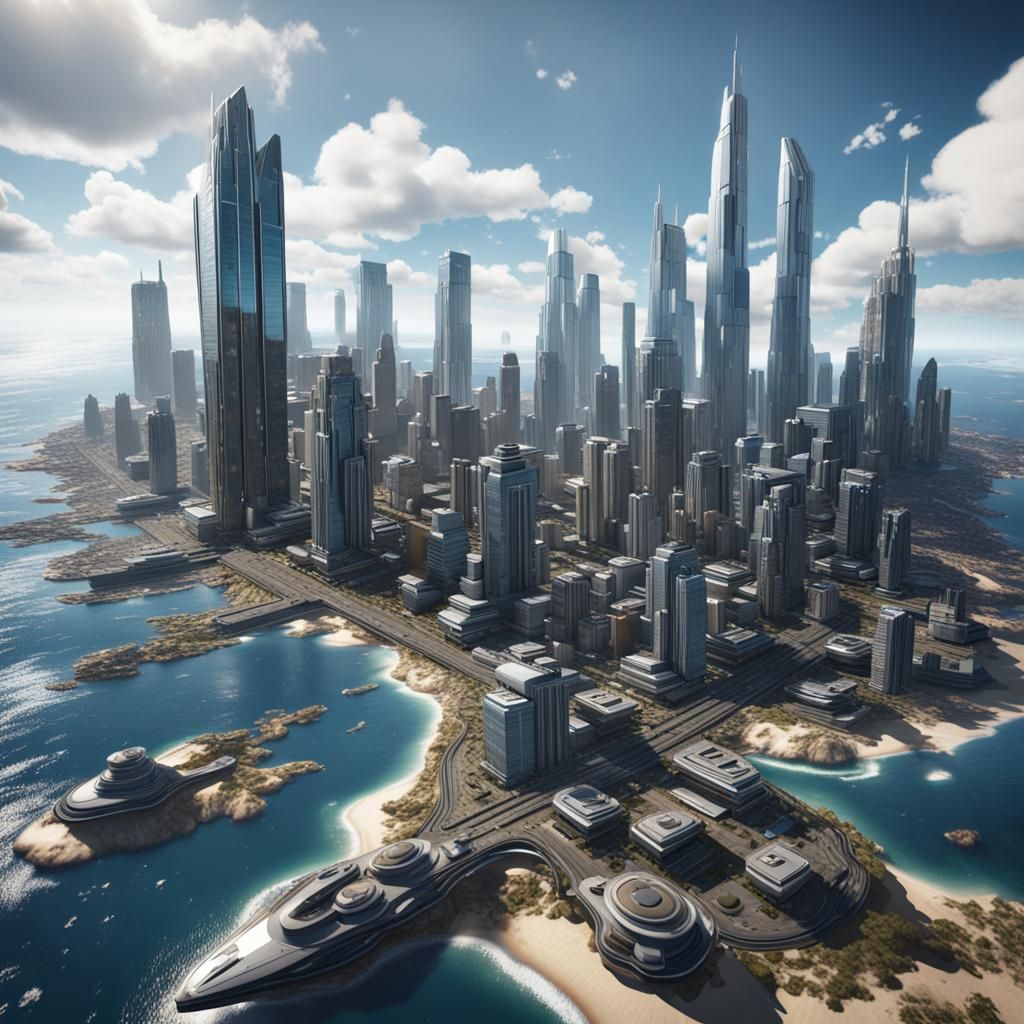 Futuristic City on Plateau: 3D Game Cinematic View