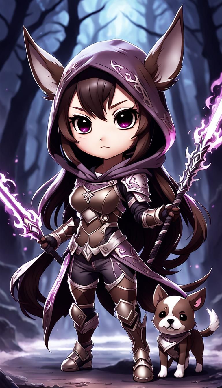 Chibi Warrior Girl Casting Spell in Anime Style