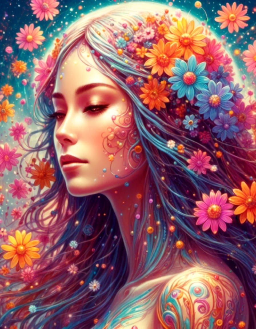 hippie alien woman covered in flowers