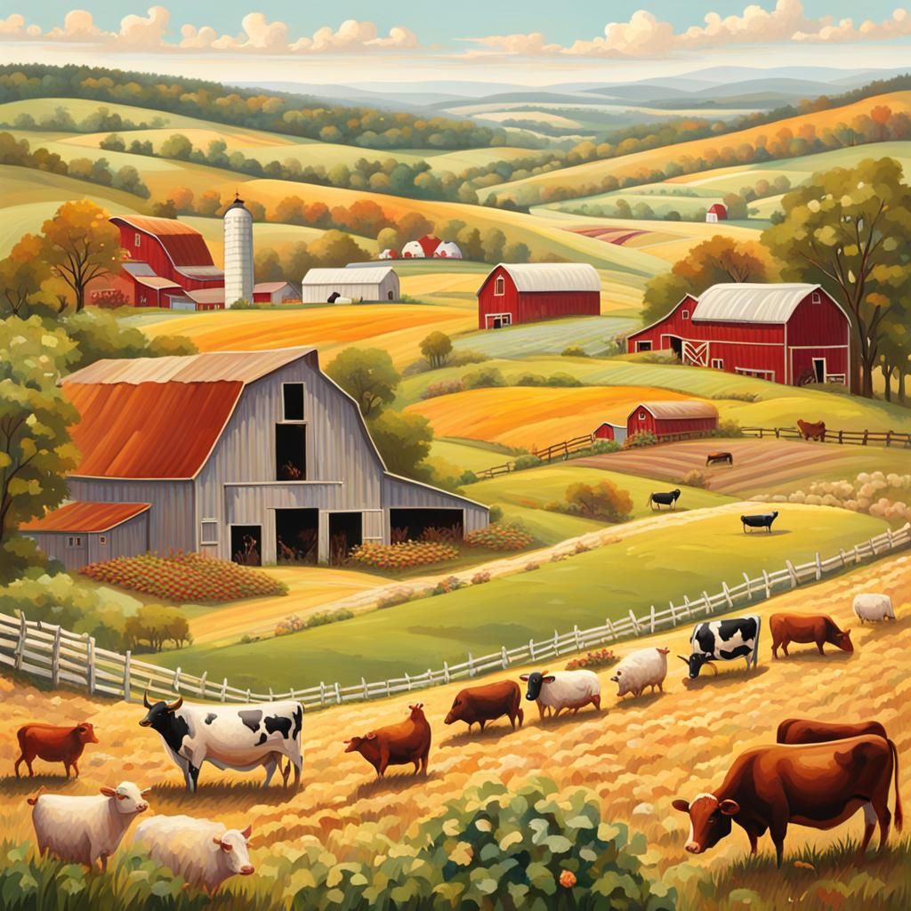 Vibrant Countryside Scene with Farm Animals and Market