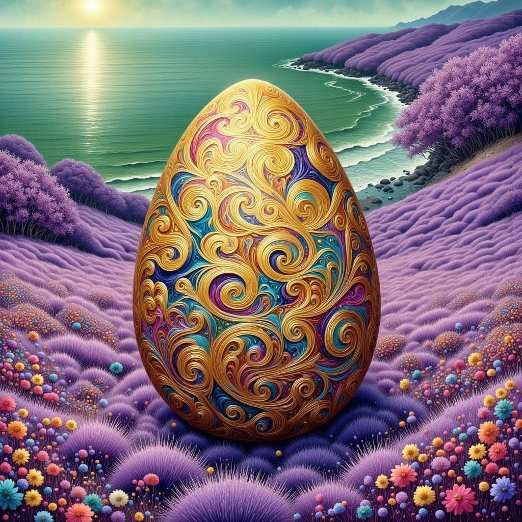 Surrealist Masterpiece: Gold Egg on Purple Grass with Green ...