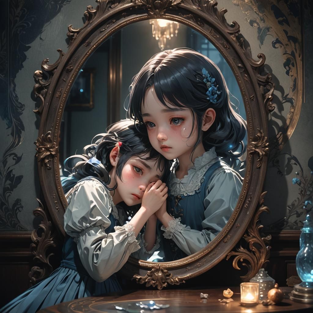Dark Anime Girl and Mirror Reflection in 3D
