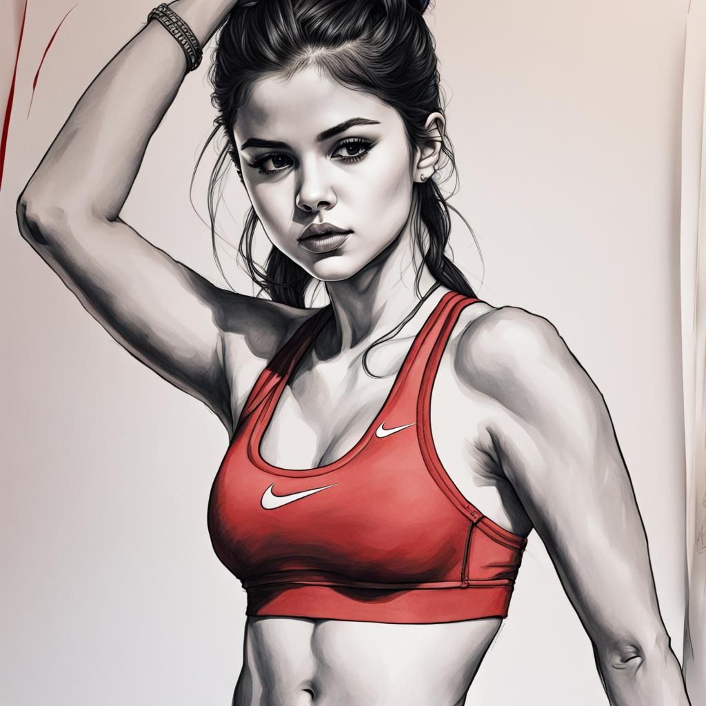 Hyperdetailed Ink Drawing of Woman in Red Sports Bra