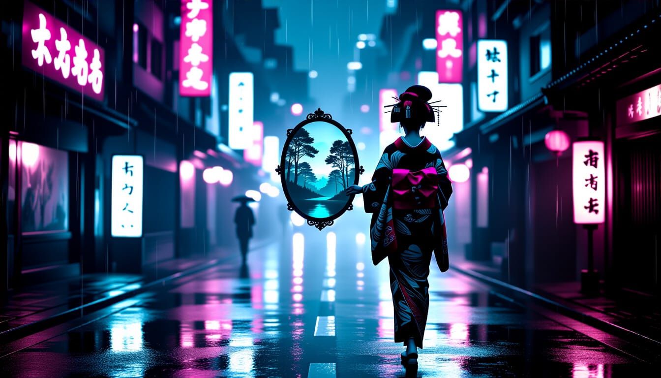 Cyberpunk Geisha in Neon City with Forest Mirror