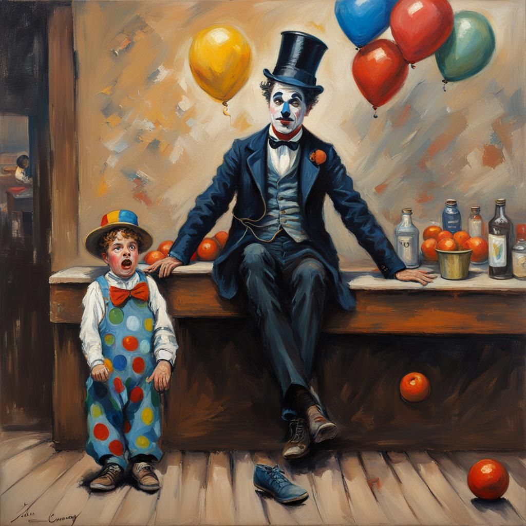 Chaplin as Clown in Oil Painting Style