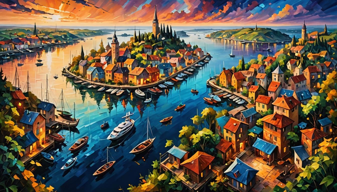 Futuristic Harbor at Sunset in Impressionist Style