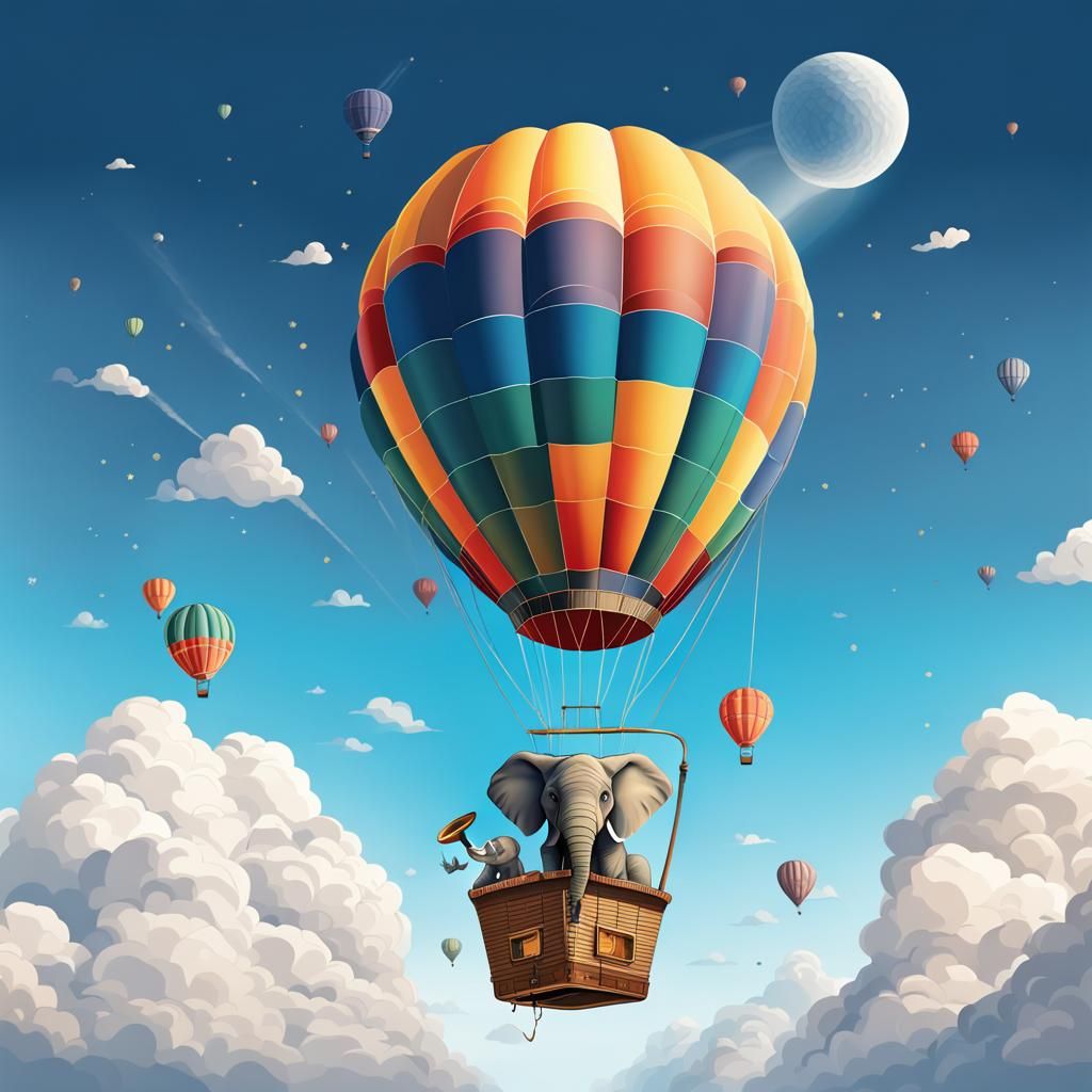 Elephant in Hot Air Balloon Exploring Sky