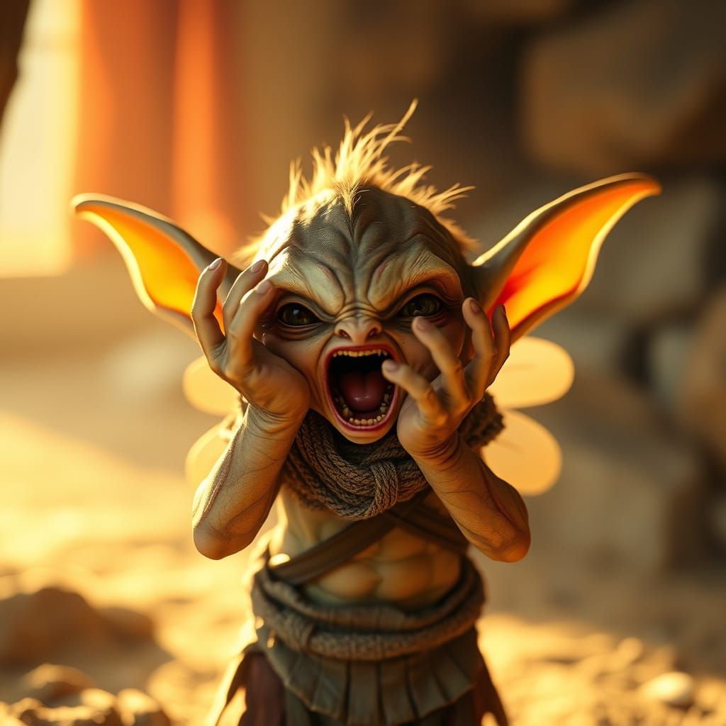 Hyper-Realistic Goblin Scream in Warm Golden Light