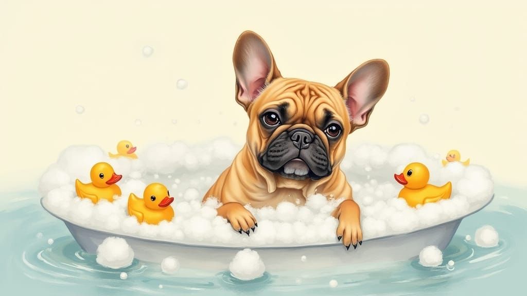 French Bulldog in Whimsical Bubble Bath Scene